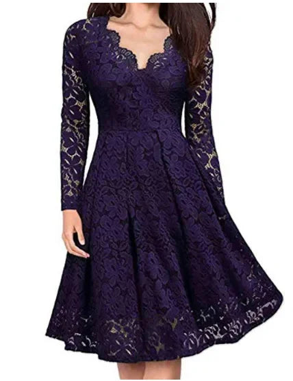 Luna Women’s Lace Dress with V-Neck and Flared Skirt 2