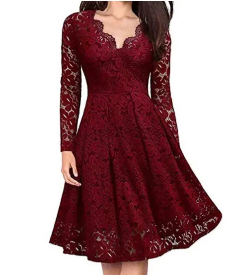 Luna Women’s Lace Dress with V-Neck and Flared Skirt 3