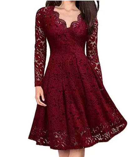 Luna Women’s Lace Dress with V-Neck and Flared Skirt 3