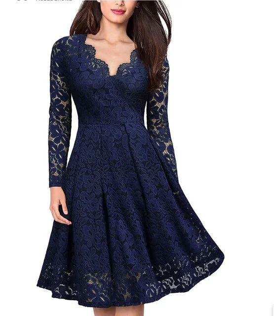 Luna Women’s Lace Dress with V-Neck and Flared Skirt 4