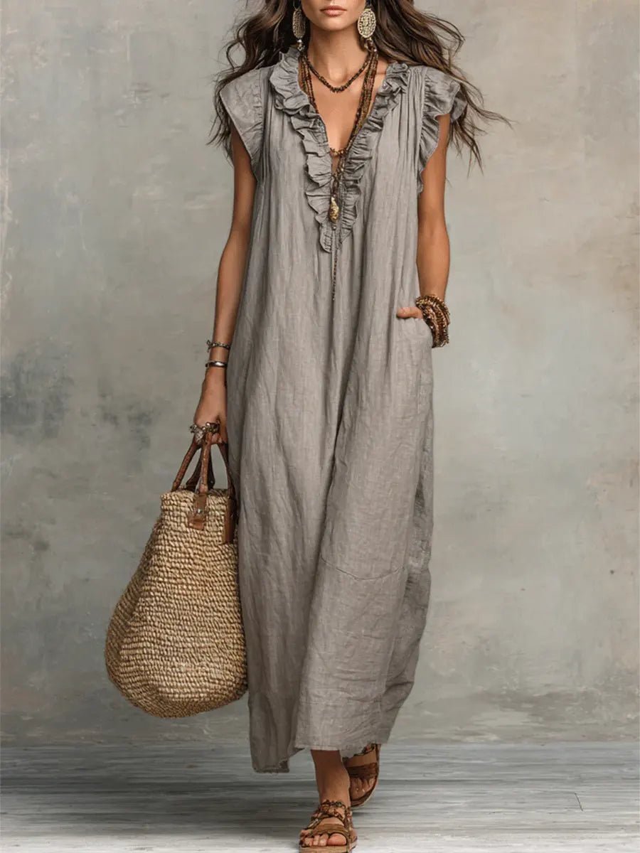 Luna Women’s Maxi Dress with Ruffle V-Neck and Flutter Sleeves 0