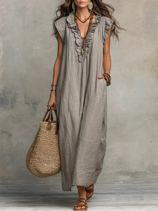 Luna Women’s Maxi Dress with Ruffle V-Neck and Flutter Sleeves 0