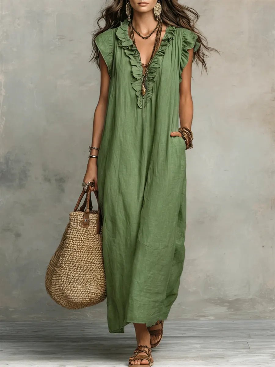 Luna Women’s Maxi Dress with Ruffle V-Neck and Flutter Sleeves 1