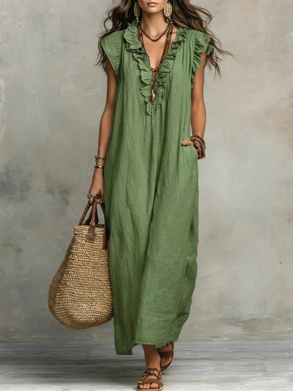 Luna Women’s Maxi Dress with Ruffle V-Neck and Flutter Sleeves 1