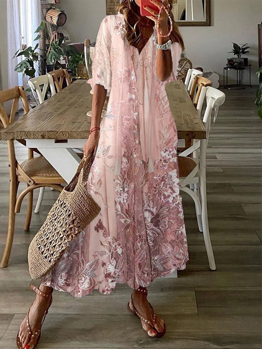 Luna Women’s Maxi Dress with V-Neck Floral Lace and Half Sleeves 0