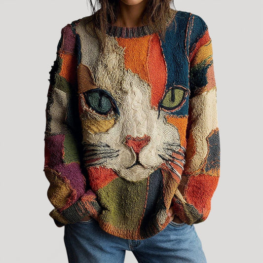 Luna Women's Sweater | Relaxed-Fit Crewneck with Multicolor Cat Graphic 0