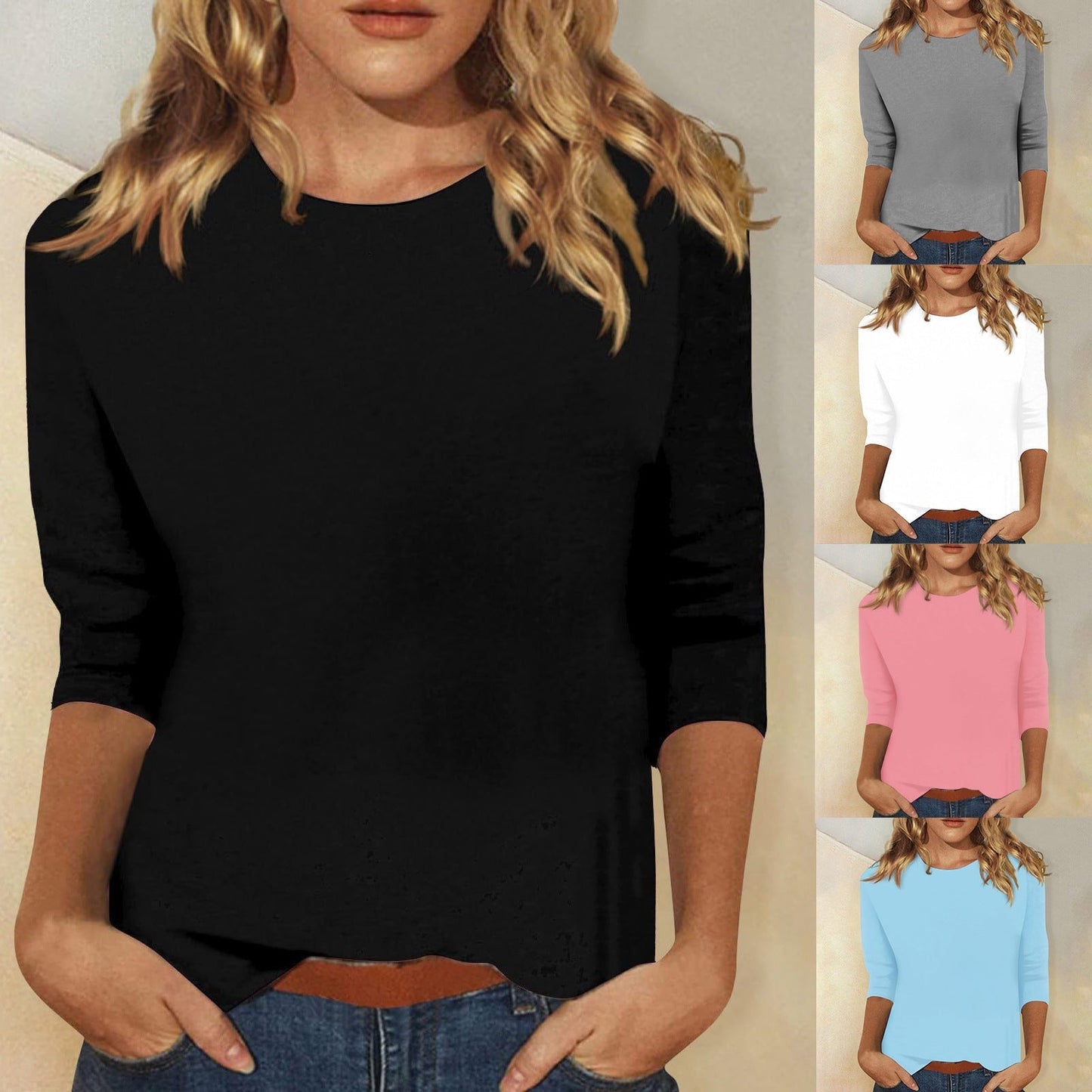Luna Women's Tee with Round Neck and Three-Quarter Sleeves in Solid Color 1