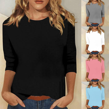 Luna Women's Tee with Round Neck and Three-Quarter Sleeves in Solid Color 1