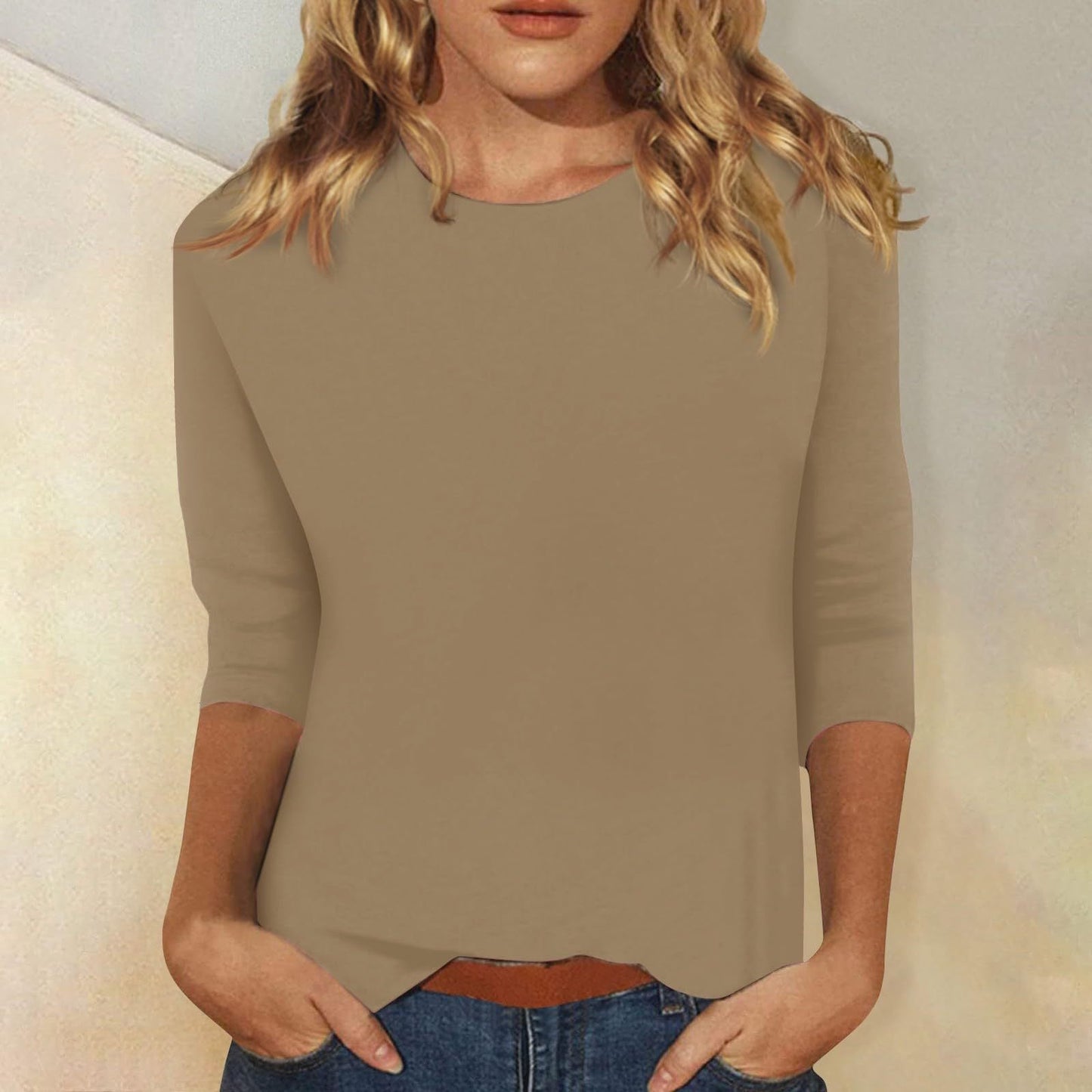 Luna Women's Tee with Round Neck and Three-Quarter Sleeves in Solid Color 3