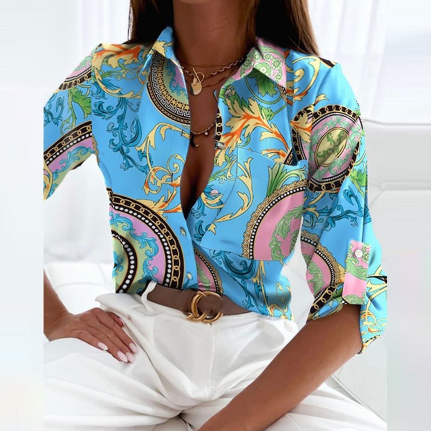 Luxe Women’s Blouse with Geometric Print and Button-Down Collar 10
