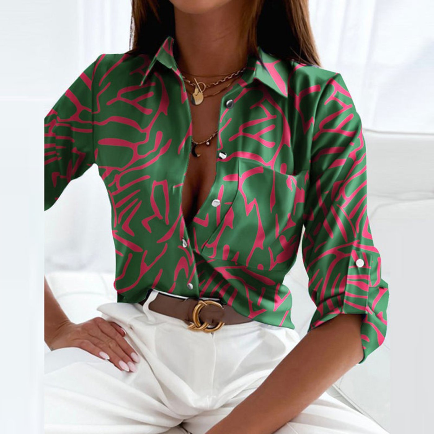 Luxe Women’s Blouse with Geometric Print and Button-Down Collar 11