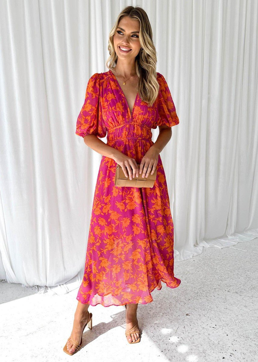 Luxe Women’s Midi Dress with Puff Sleeves and V-Neck Floral Print 0