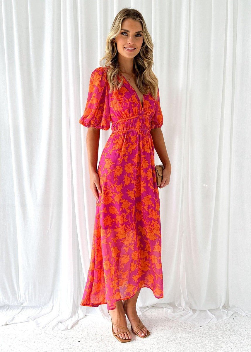 Luxe Women’s Midi Dress with Puff Sleeves and V-Neck Floral Print 1