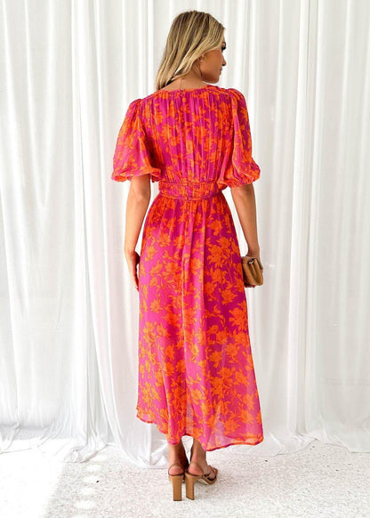 Luxe Women’s Midi Dress with Puff Sleeves and V-Neck Floral Print 2