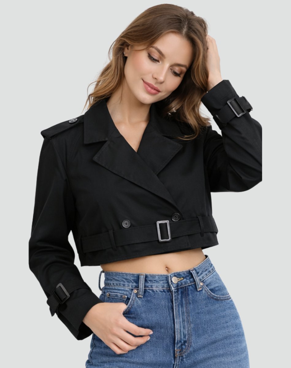 Mabel Women's Cropped Trench Coat | Double-Breasted, Adjustable Belt 2