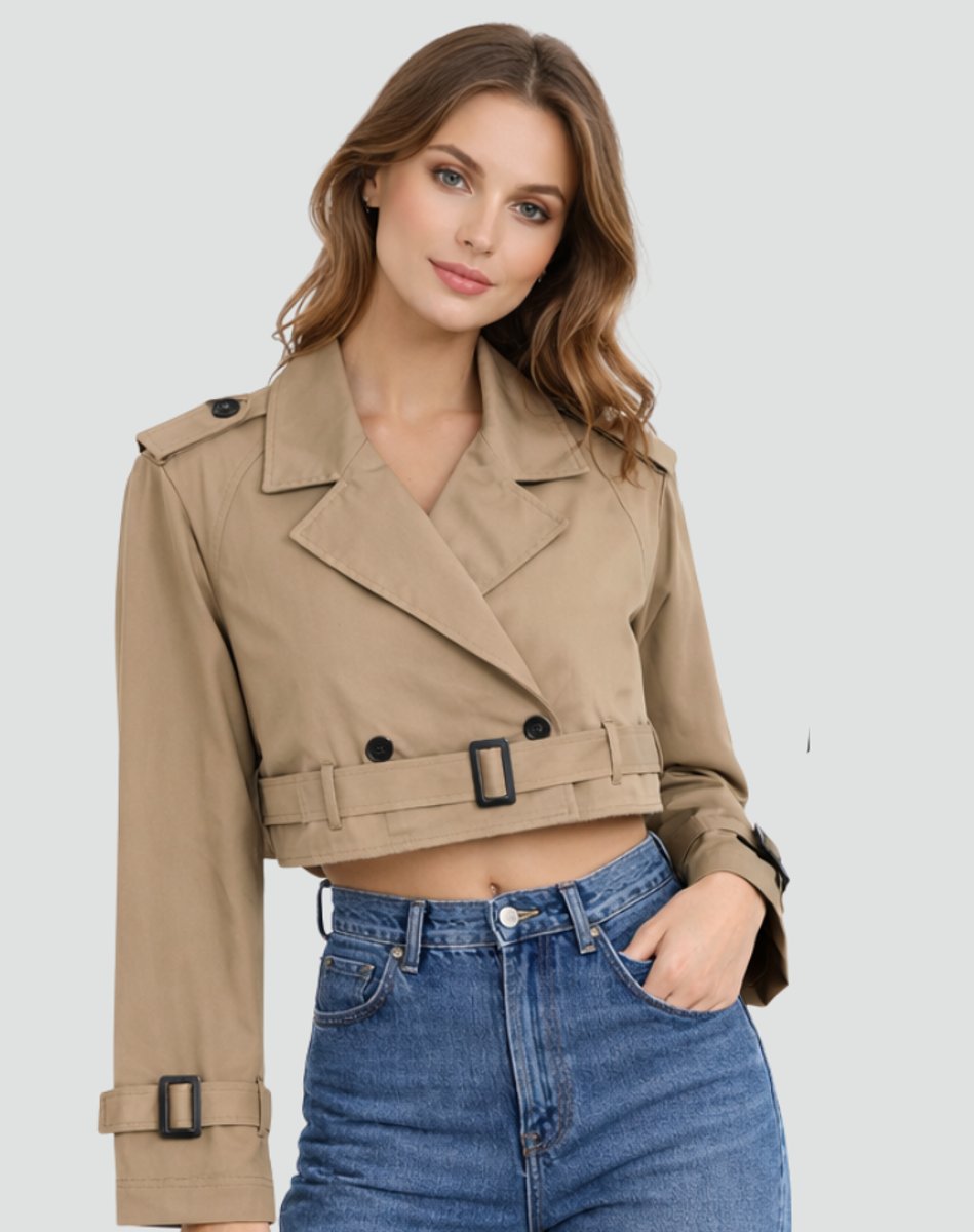 Mabel Women's Cropped Trench Coat | Double-Breasted, Adjustable Belt 5