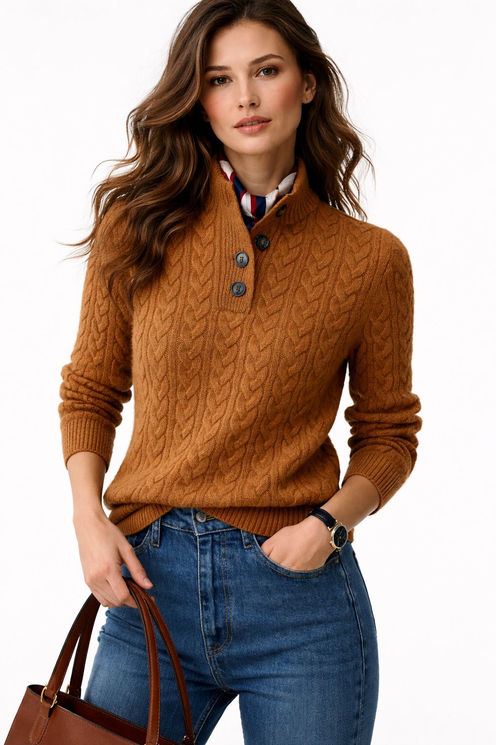 Mabel Women's Pullover Sweater | Cable Knit Wool Blend, Button-Neck 0