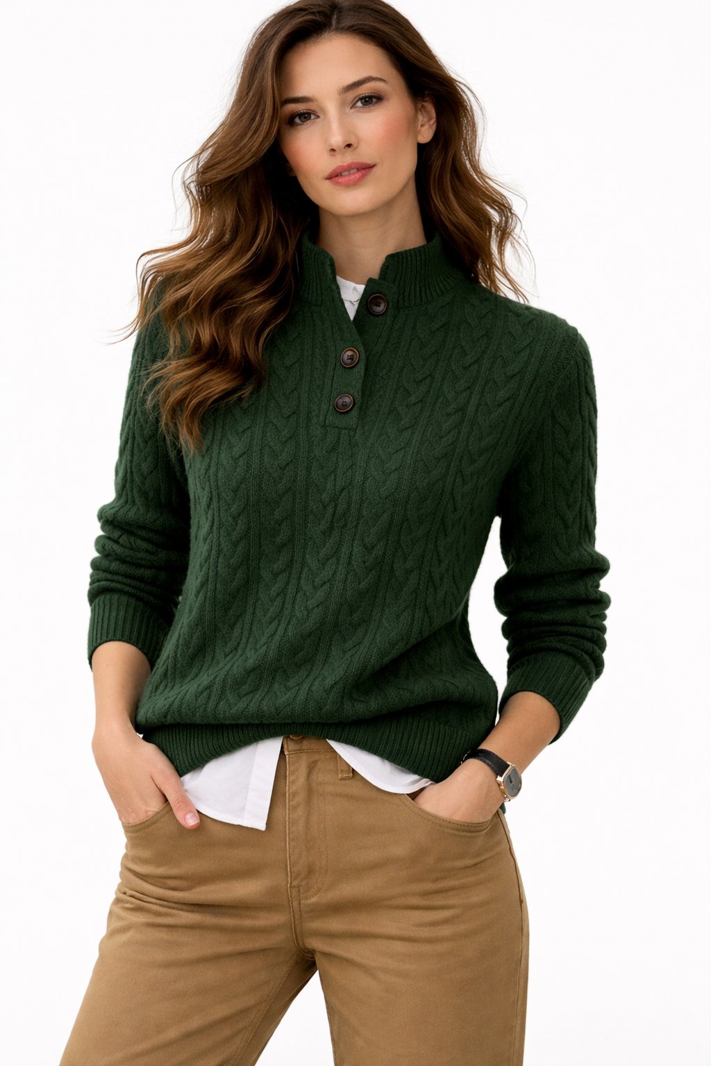 Mabel Women's Pullover Sweater | Cable Knit Wool Blend, Button-Neck 1