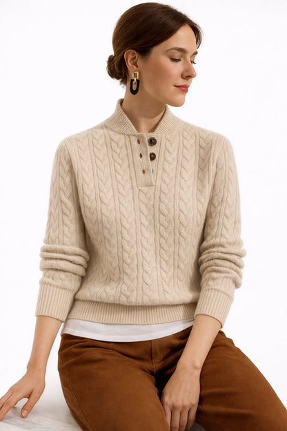 Mabel Women's Pullover Sweater | Cable Knit Wool Blend, Button-Neck 3