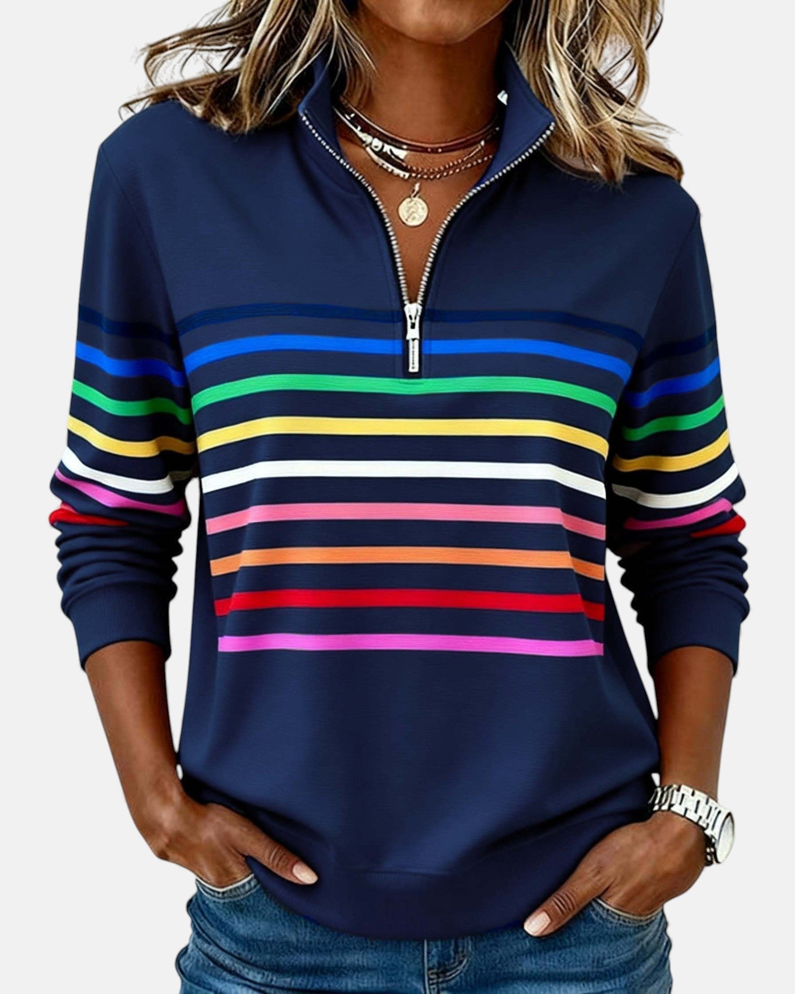 Madison Women's Quarter Zip Sweatshirt | Striped Long Sleeve Pullover 1
