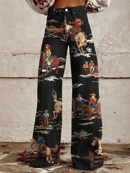 Mara Women’s Wide Leg Trousers with High Waist and Western Print Design 0