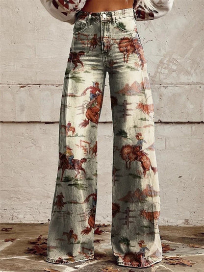 Mara Women’s Wide Leg Trousers with High Waist and Western Print Design 1
