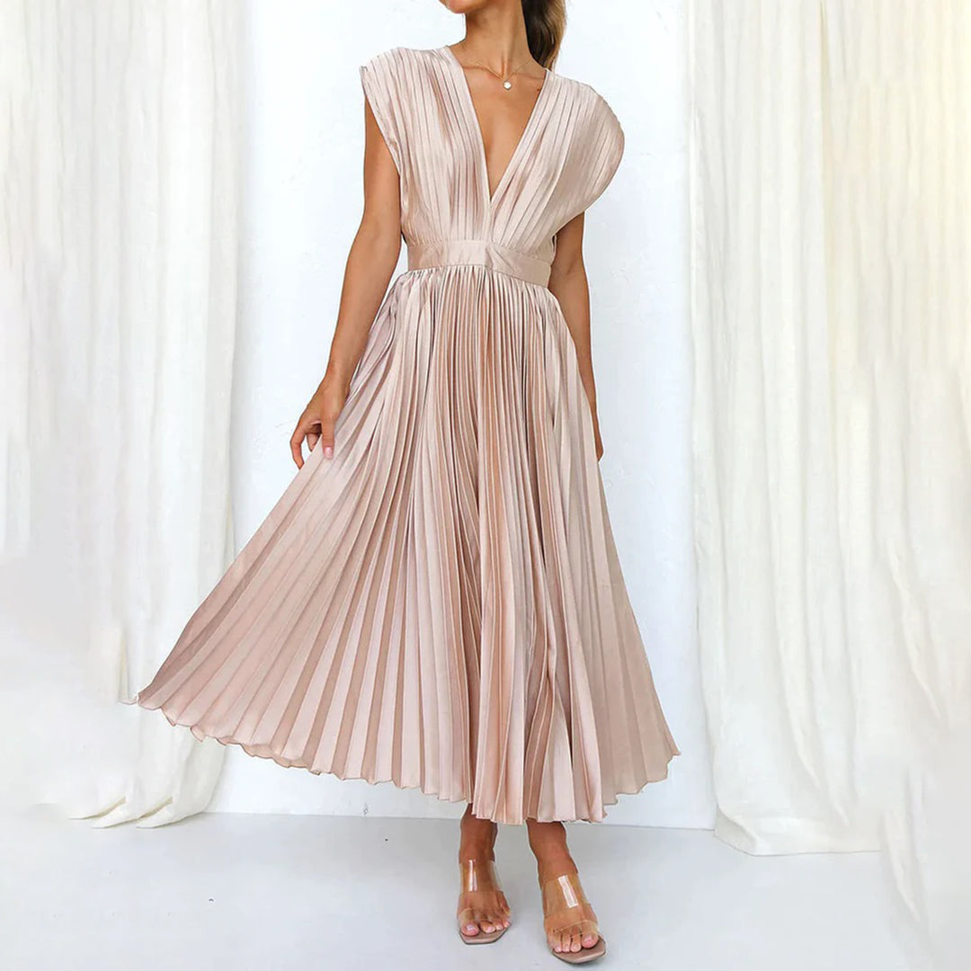 Maren Women’s Midi Dress with Pleated Skirt and V-Neckline for Special Occasions 0