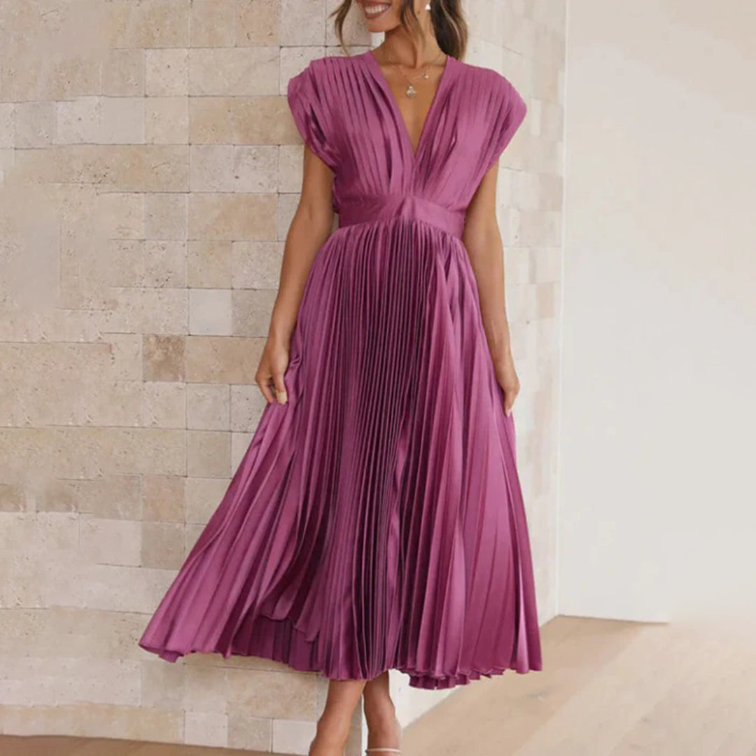 Maren Women’s Midi Dress with Pleated Skirt and V-Neckline for Special Occasions 1