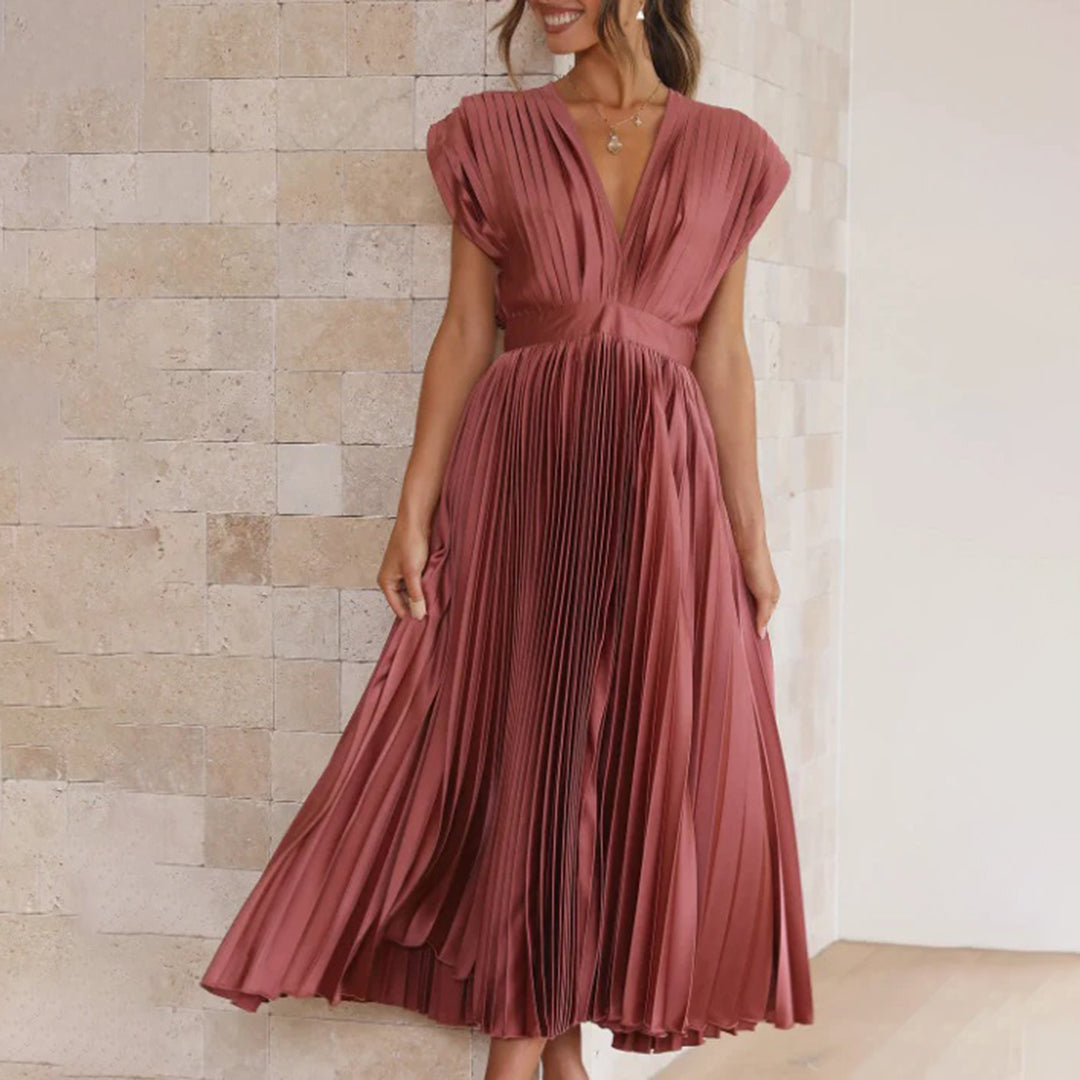 Maren Women’s Midi Dress with Pleated Skirt and V-Neckline for Special Occasions 2