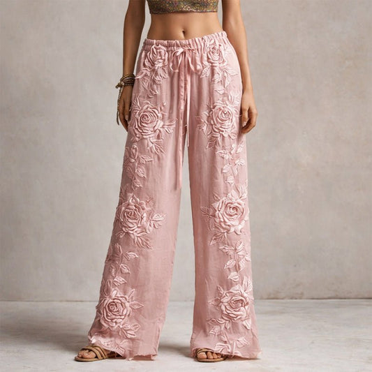 Marlene Women's Wide Leg Trousers with Floral Embroidery and Adjustable Drawstring 0