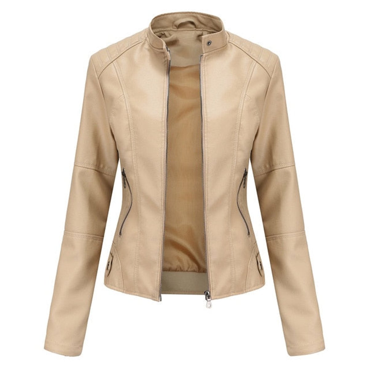 Maya Women's Faux Leather Moto Jacket | Stand Collar, Zip-Up 0