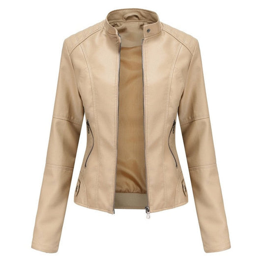 Maya Women's Faux Leather Moto Jacket | Stand Collar, Zip-Up 0