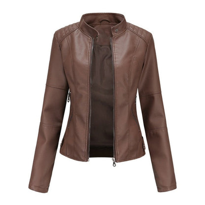 Maya Women's Faux Leather Moto Jacket | Stand Collar, Zip-Up 1