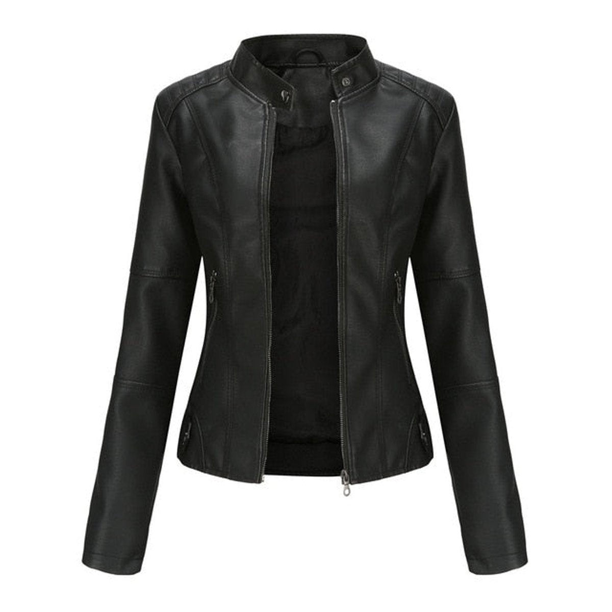 Maya Women's Faux Leather Moto Jacket | Stand Collar, Zip-Up 2