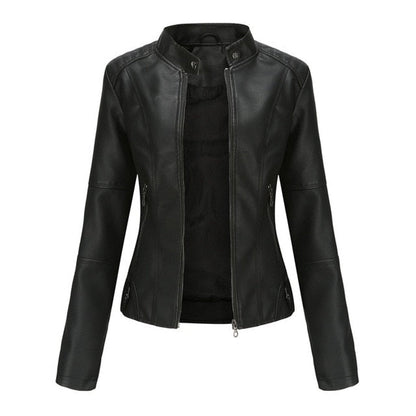 Maya Women's Faux Leather Moto Jacket | Stand Collar, Zip-Up 2