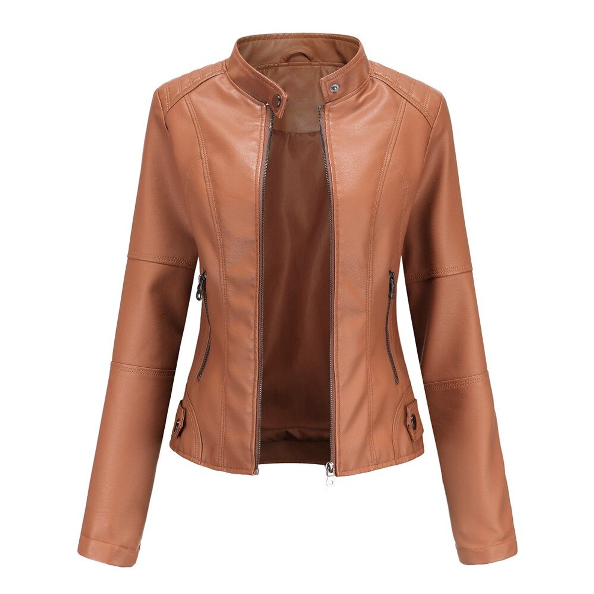 Maya Women's Faux Leather Moto Jacket | Stand Collar, Zip-Up 4