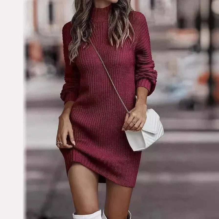 Maya Women's Sweater Dress featuring a stylish turtleneck and ribbed knit design, perfect for cozy fall and winter fashion. 2