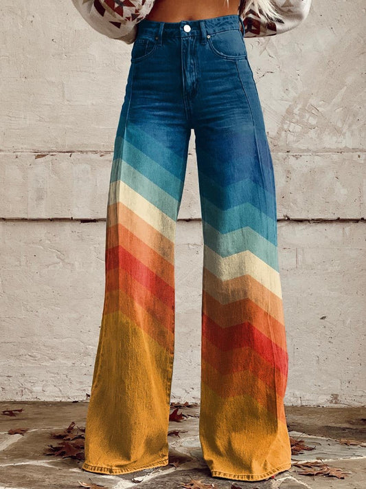 Mia Women's Wide Leg Jeans with High Waist and Chevron Gradient Pattern 0