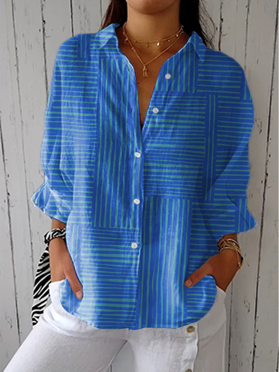Mira Women’s Blouse with Geometric Stripes and V-Neck Design and Long Sleeves 0