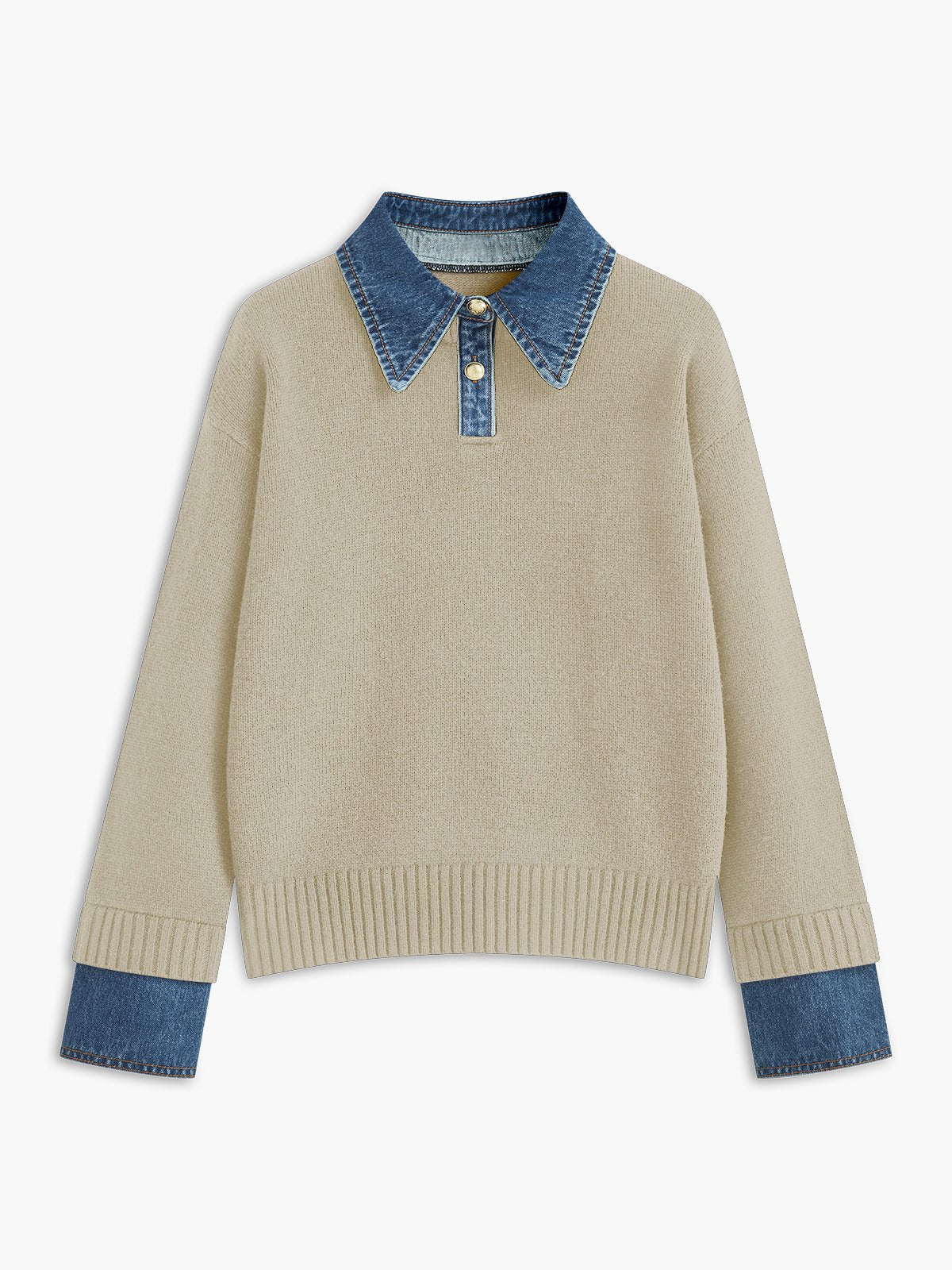 Mira Women's Knit Polo Sweater | Denim Collar Contrast, Gold-Tone Buttons 8