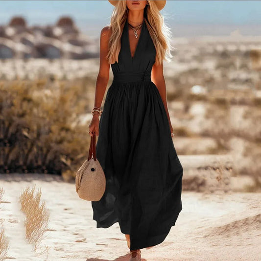 Mira Women’s Maxi Dress with Boho Halter Neck and Flowing Sleeves 0