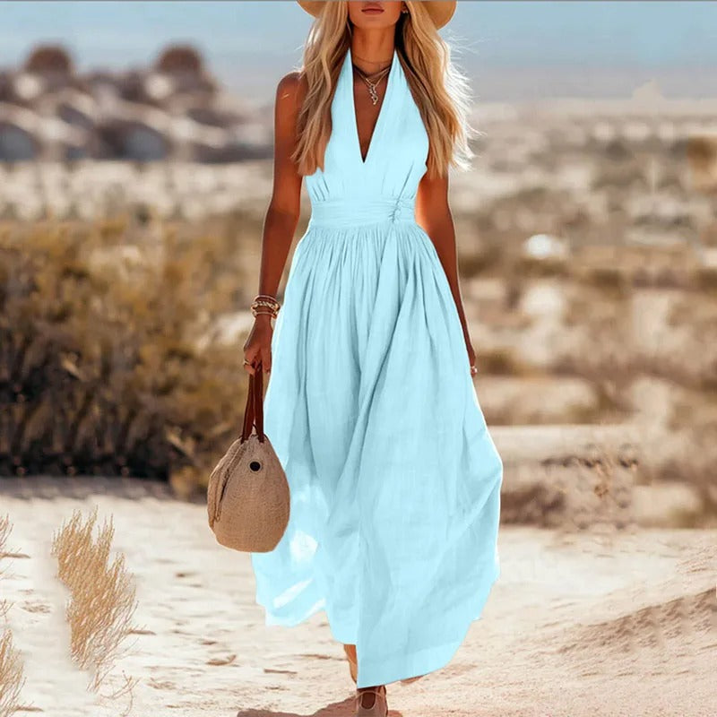 Mira Women’s Maxi Dress with Boho Halter Neck and Flowing Sleeves 2