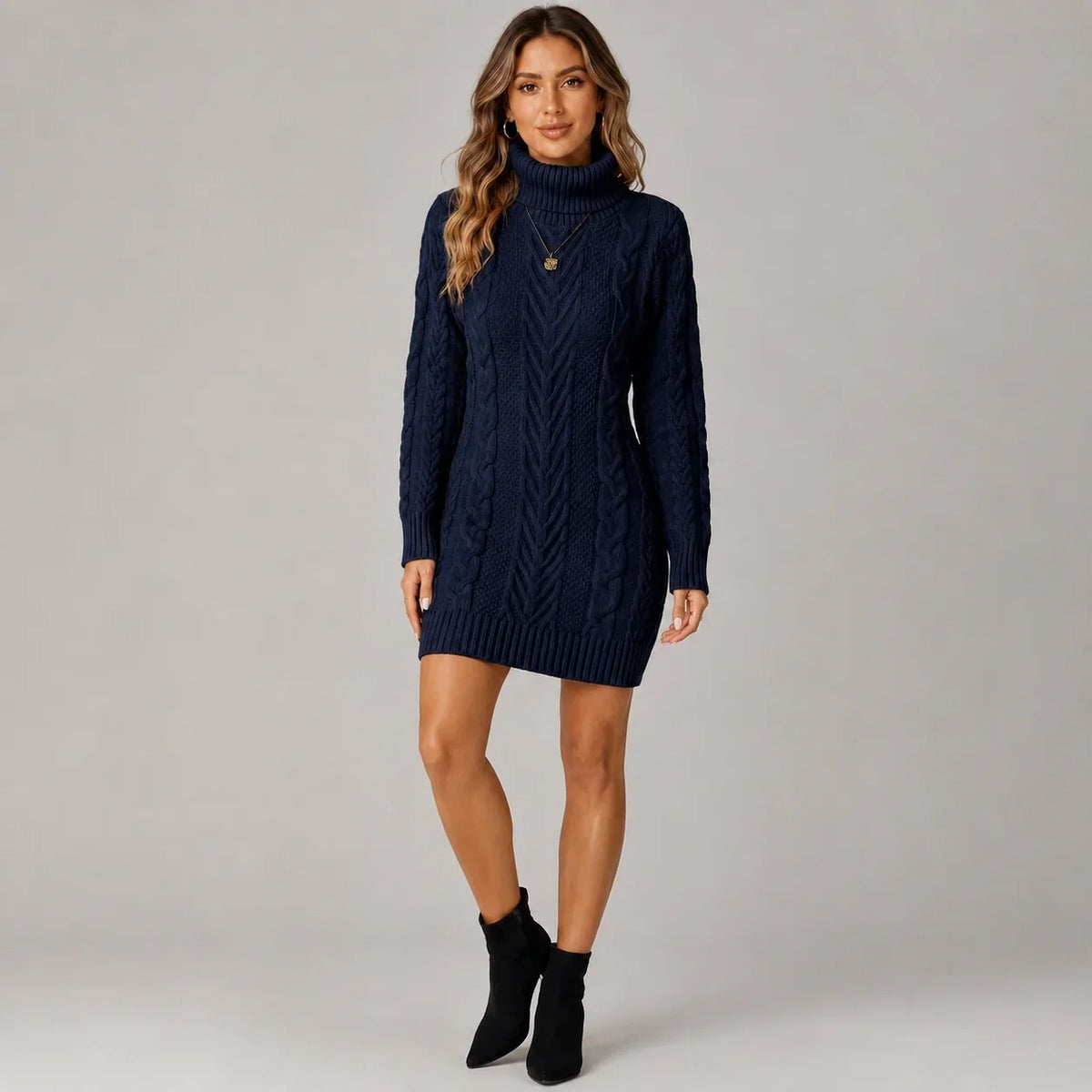 Mira Women's Sweater Dress featuring a cozy cable knit pattern and stylish high roll neck, perfect for autumn and winter wear. 4