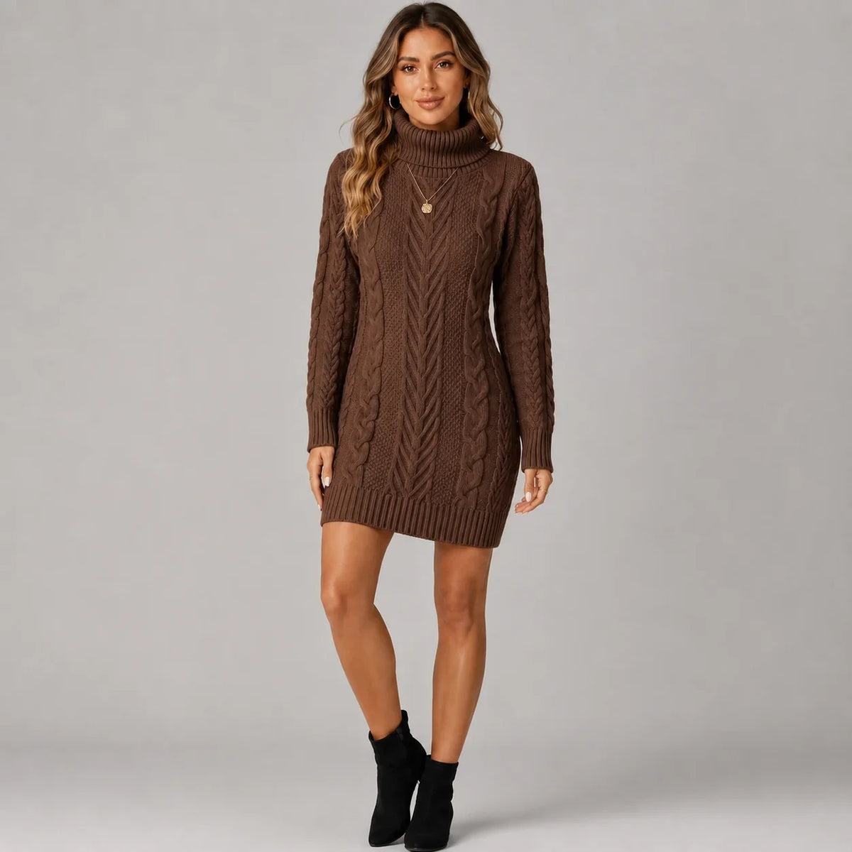 Mira Women's Sweater Dress featuring a cozy cable knit pattern and stylish high roll neck, perfect for autumn and winter wear. 5