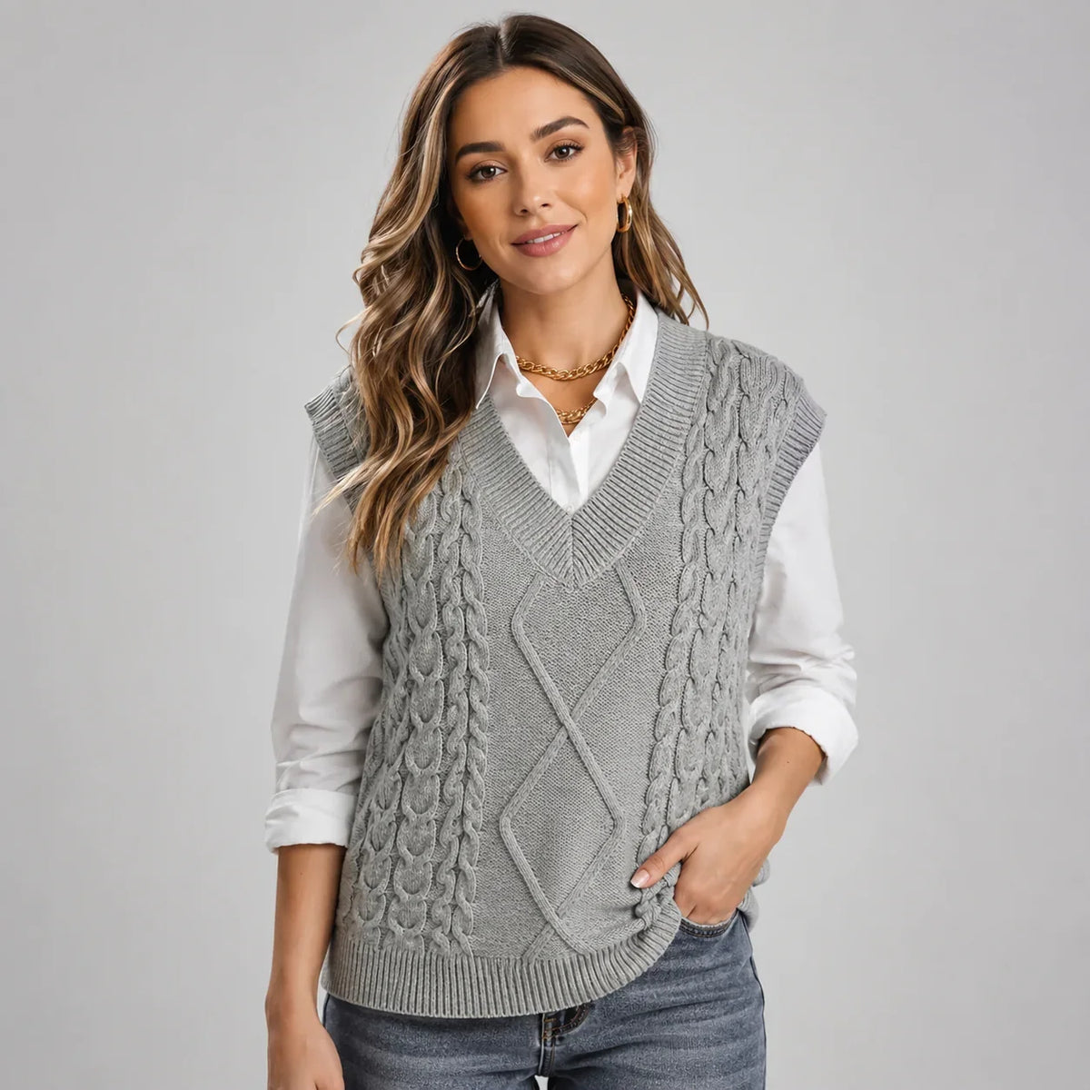 Mira Women’s Sweater Vest featuring a ribbed knit V-neck design and a stylish sleeveless cut, perfect for layering in any season. 0