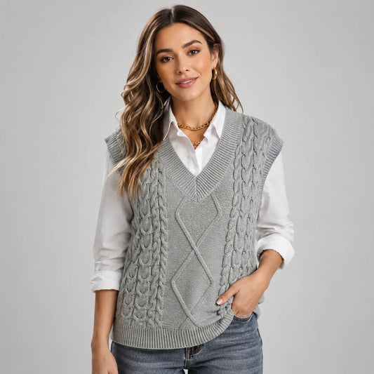 Mira Women’s Sweater Vest featuring a ribbed knit V-neck design and a stylish sleeveless cut, perfect for layering in any season. 0