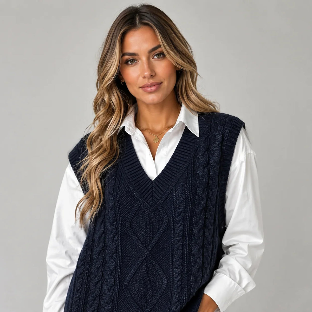 Mira Women’s Sweater Vest featuring a ribbed knit V-neck design and a stylish sleeveless cut, perfect for layering in any season. 2