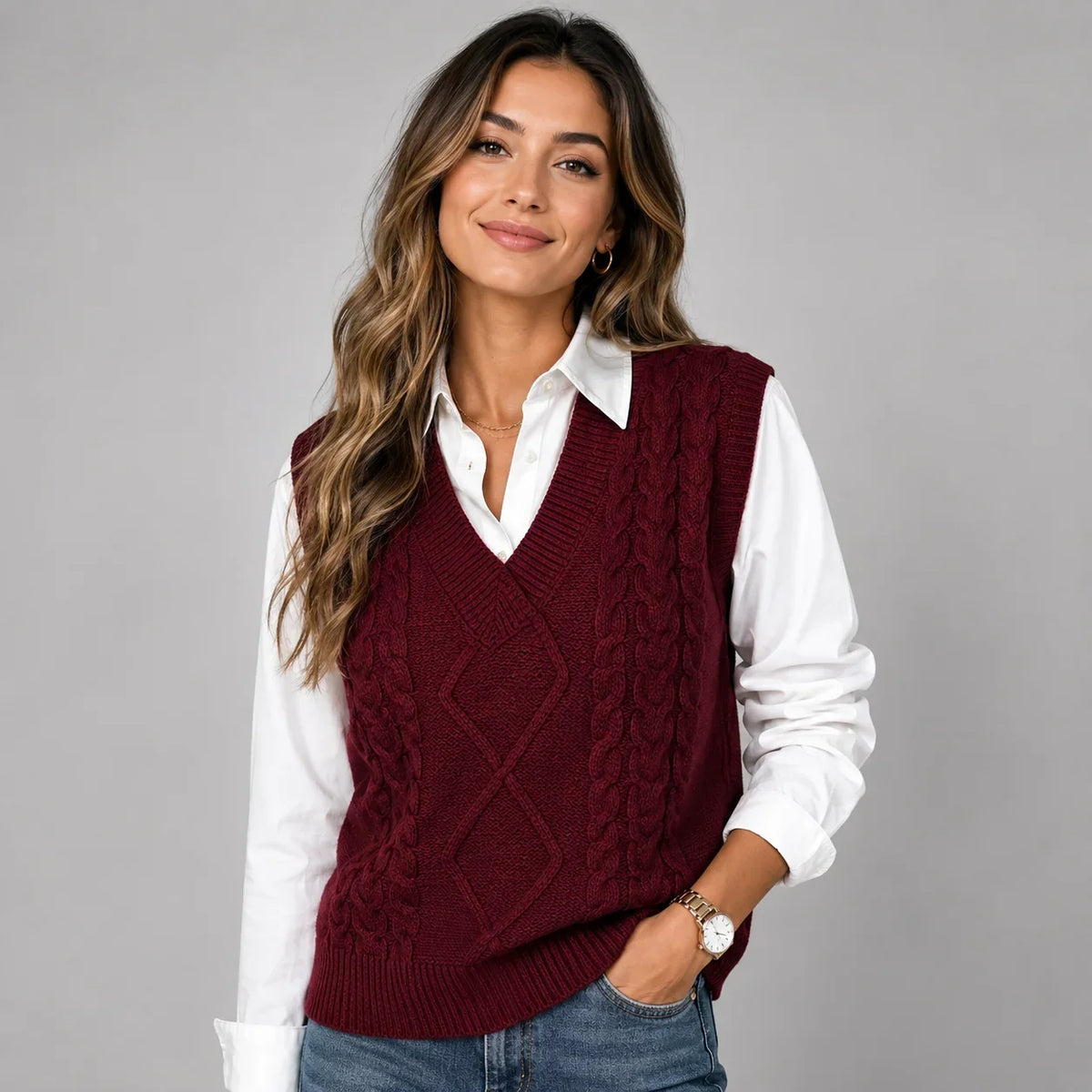 Mira Women’s Sweater Vest featuring a ribbed knit V-neck design and a stylish sleeveless cut, perfect for layering in any season. 3