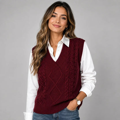 Mira Women’s Sweater Vest featuring a ribbed knit V-neck design and a stylish sleeveless cut, perfect for layering in any season. 3