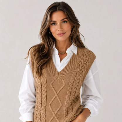 Mira Women’s Sweater Vest featuring a ribbed knit V-neck design and a stylish sleeveless cut, perfect for layering in any season. 5